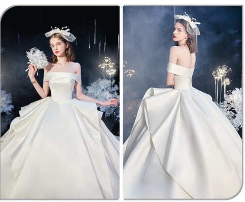 華やか ウエディングドレス 光沢サテン オフショルダー ロングトレー