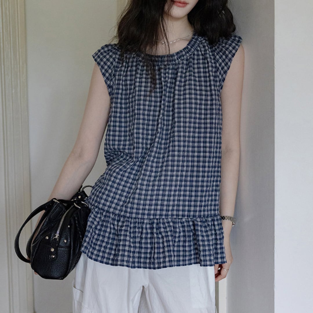 checked gathered flare blouse