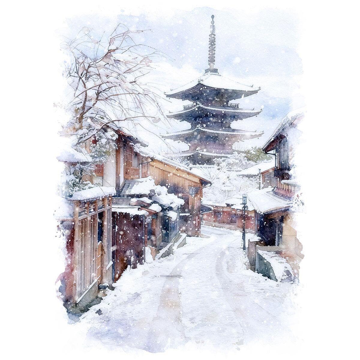 絵画(風景画) 日本 京都 雪が積もる八坂の塔 インテリアアート額付き 水彩画・油絵風 WAT0769