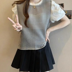 【送料無料】 ブラウス 2色 トップス 半袖 パフスリーブ Uネック Aライン フレア プルオーバー 異素材切り替え ドッキング ニット しましま ボーダー かわいい 大人可愛い 大人女子 こなれ感 シンプル カジュアル 大人 上品 おしゃれ お洒落 ラフ コンサバ フェミニン ガーリー デート お出かけ お茶会 女子会 休日 授業参観 夏 30代 40代 女性用 レディース 着回し プチプライス カラバリ デイリーユース 普段使い ファッション 定番アイテム 着痩せ 垢抜け