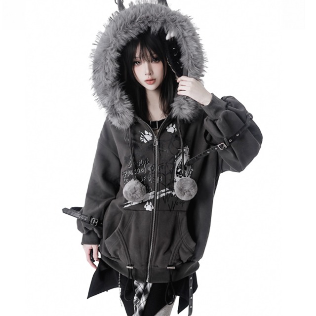 ポンポンコードケルベロスファーフーディスリーブベルトジップアップジャケット（lli_6533）