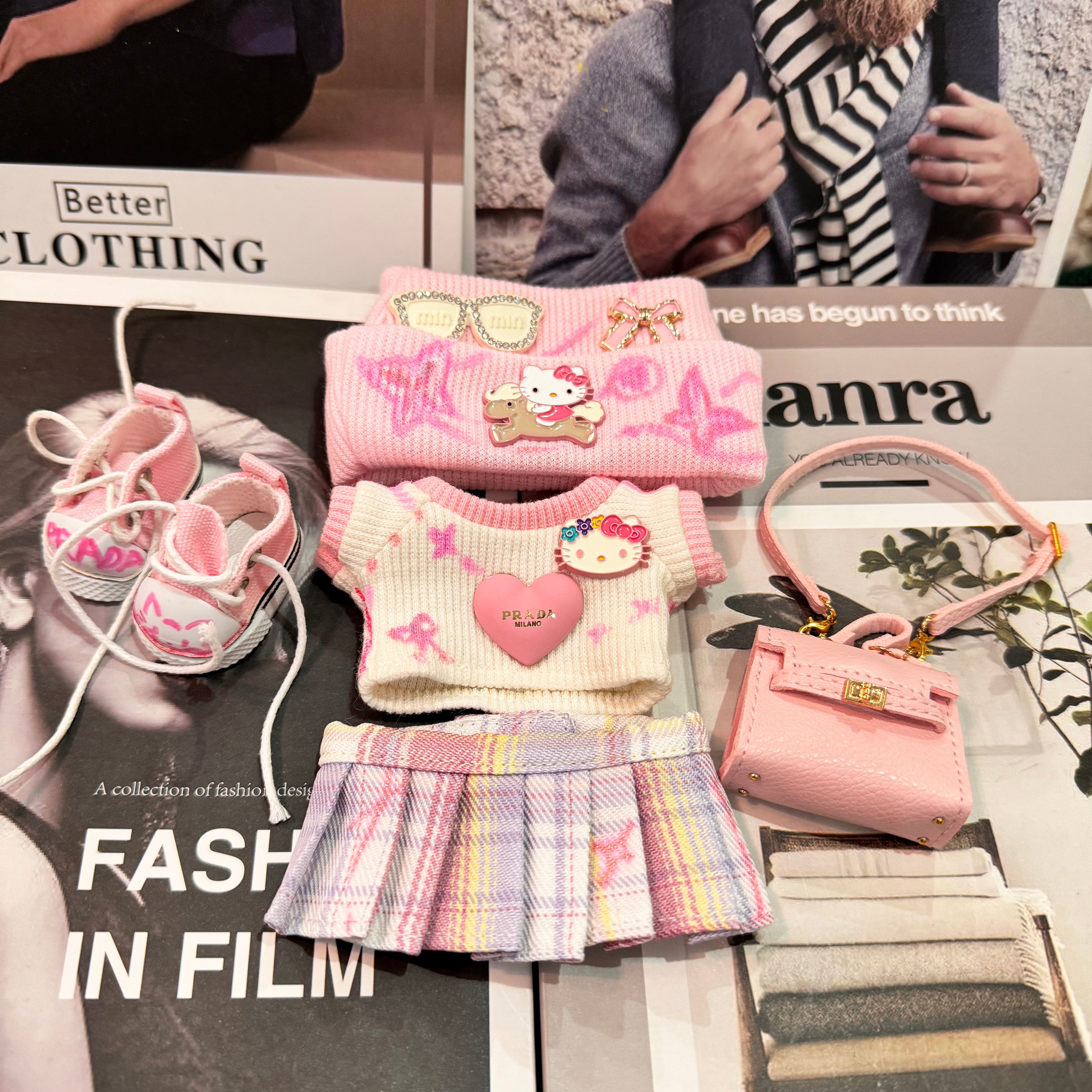 【バッグ&シューズ付きフルセット】甘め可愛い!Labubu ラブブ 17cm 着せ替え服 ピンク プリーツスカートセット 猫 ネコ 甘め かわいい 高品質 ドール衣装 人形服