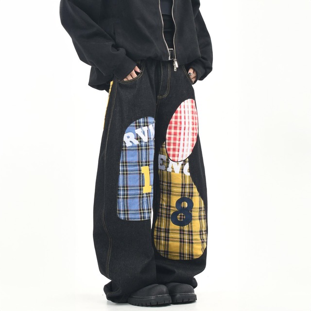 チェックパッチワークデニムワイドパンツ 2col   R00876