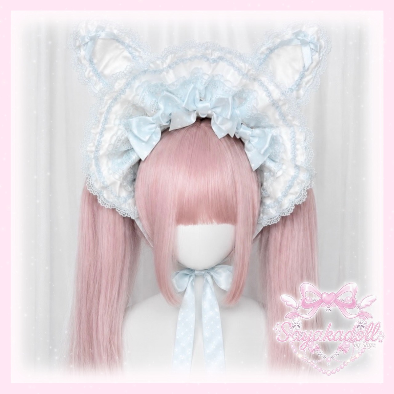 ♡【全9色】MAID うさみみフリルレースリボンハーフボンネット white×light pink ♡