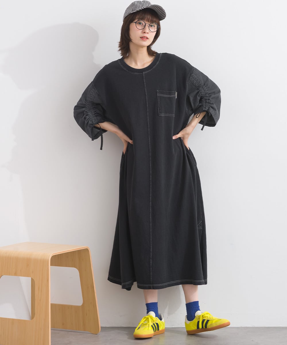 J261096 袖シャーリングデニム切替ワンピース / Shirring Sleeve Denim