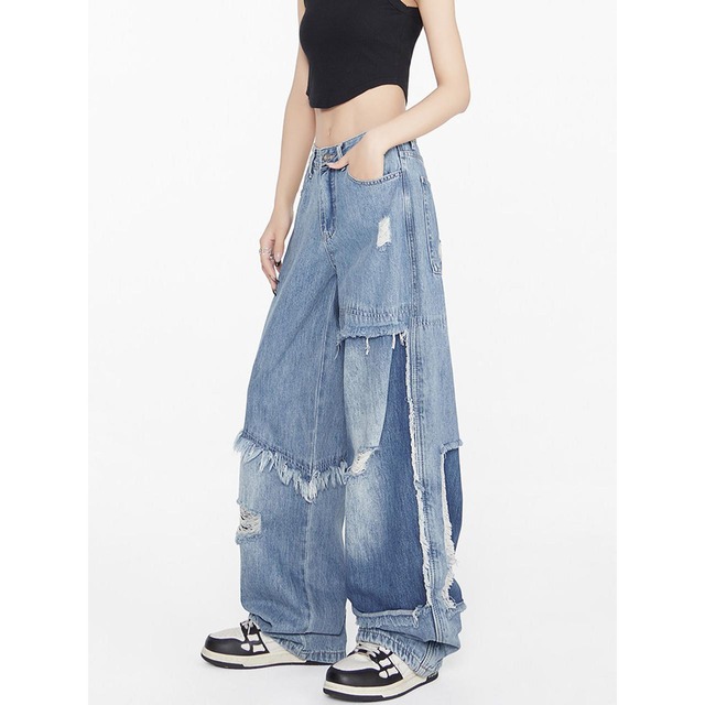 レイヤードカットオフデザインデニムパンツ   R01363