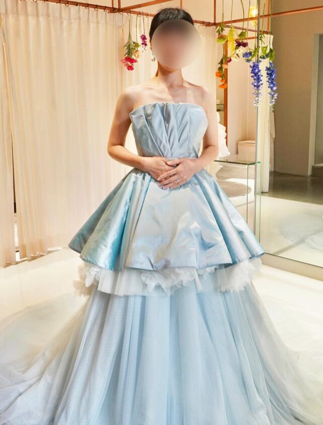 カラードレス パープル オフショルダー くるみボタン イエロー Aライン  