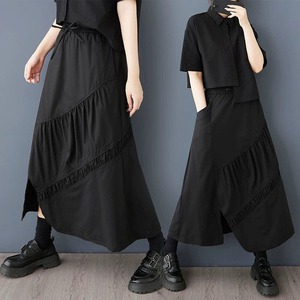 BLACK DRAWSTRING WAIST A-LINE LONG DESIGN SKIRT 1color M-16554