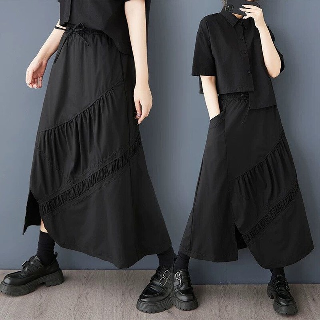 BLACK DRAWSTRING WAIST A-LINE LONG DESIGN SKIRT 1color M-16554