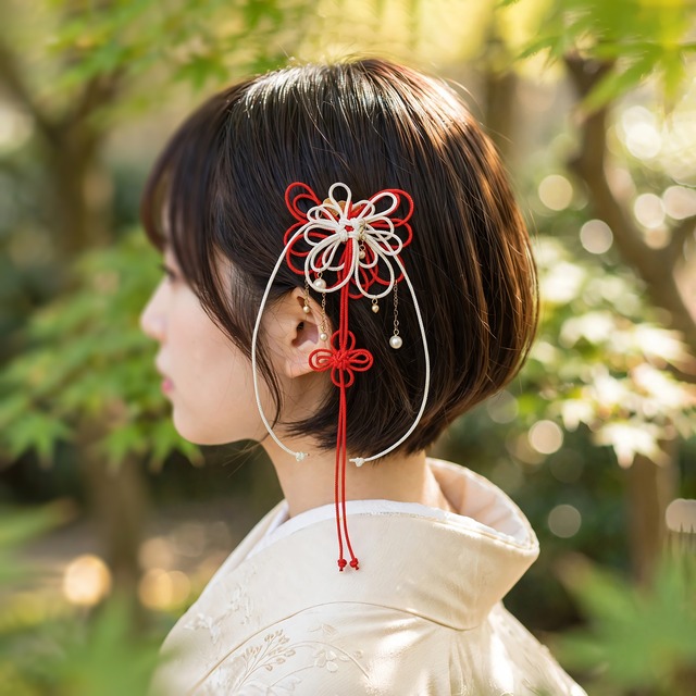 飾り結びヘアコーム（小）「ひめたるは惑」（アイボリー×朱）【軽量で簡単和装ヘア】浴衣・着物・七五三や成人式に。