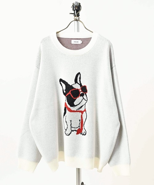 ATELANE Acrylic/Cotton Double Jacquard Sweat-Style French Bulldog Crew Neck (OFF) 26A-21013