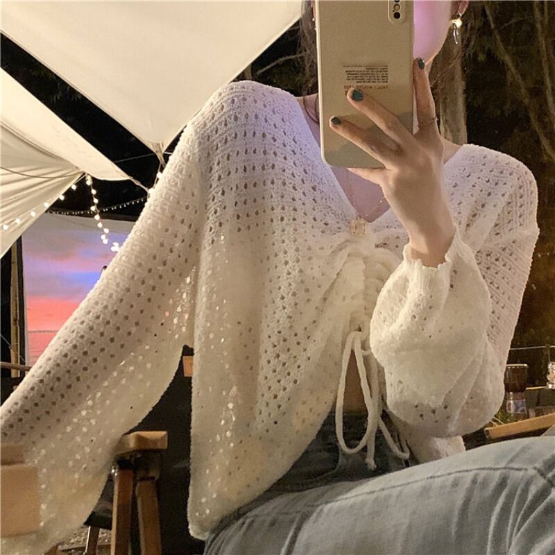 ショートニットセーター Vネックブラウス サマー薄手グリーントップス 夏物 ブラックストロベリース30407255634