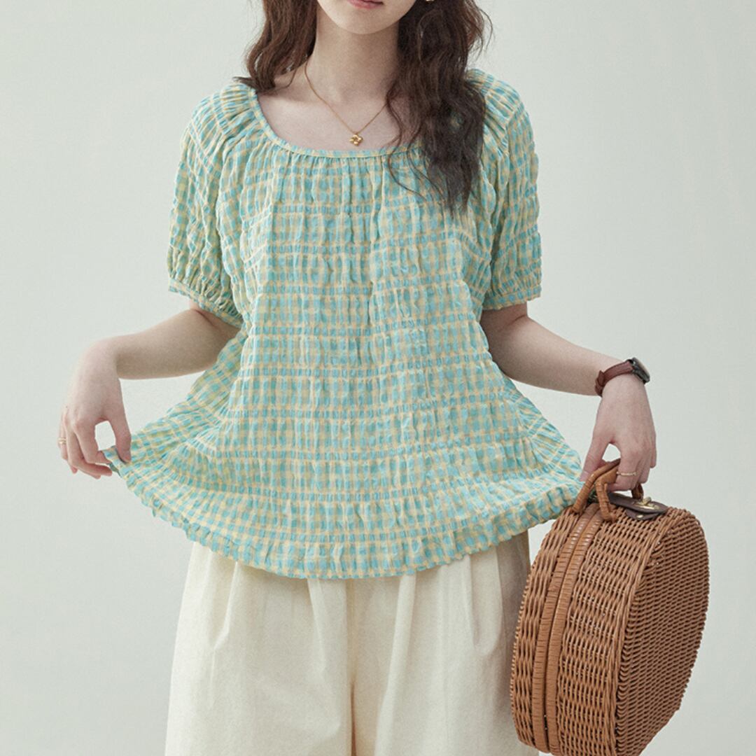 fresh yellow green checkered square neck puff sleeved shirt