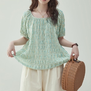 fresh yellow green checkered square neck puff sleeved shirt