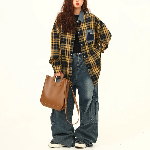 yellow check denim point shirt　イエローチェック柄デニムポイントシャツ　J2173