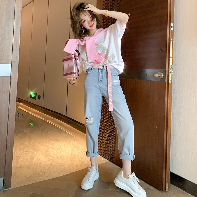 ルーズTシャツ ハイウェストウェストジーンズ サマースタイル 夏物 MIUCO4372022479