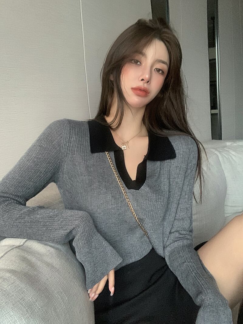 ニットセーター カラールーズグレーシャツ オータムトップス ロング 秋物 ブラックストロベリース7847017848