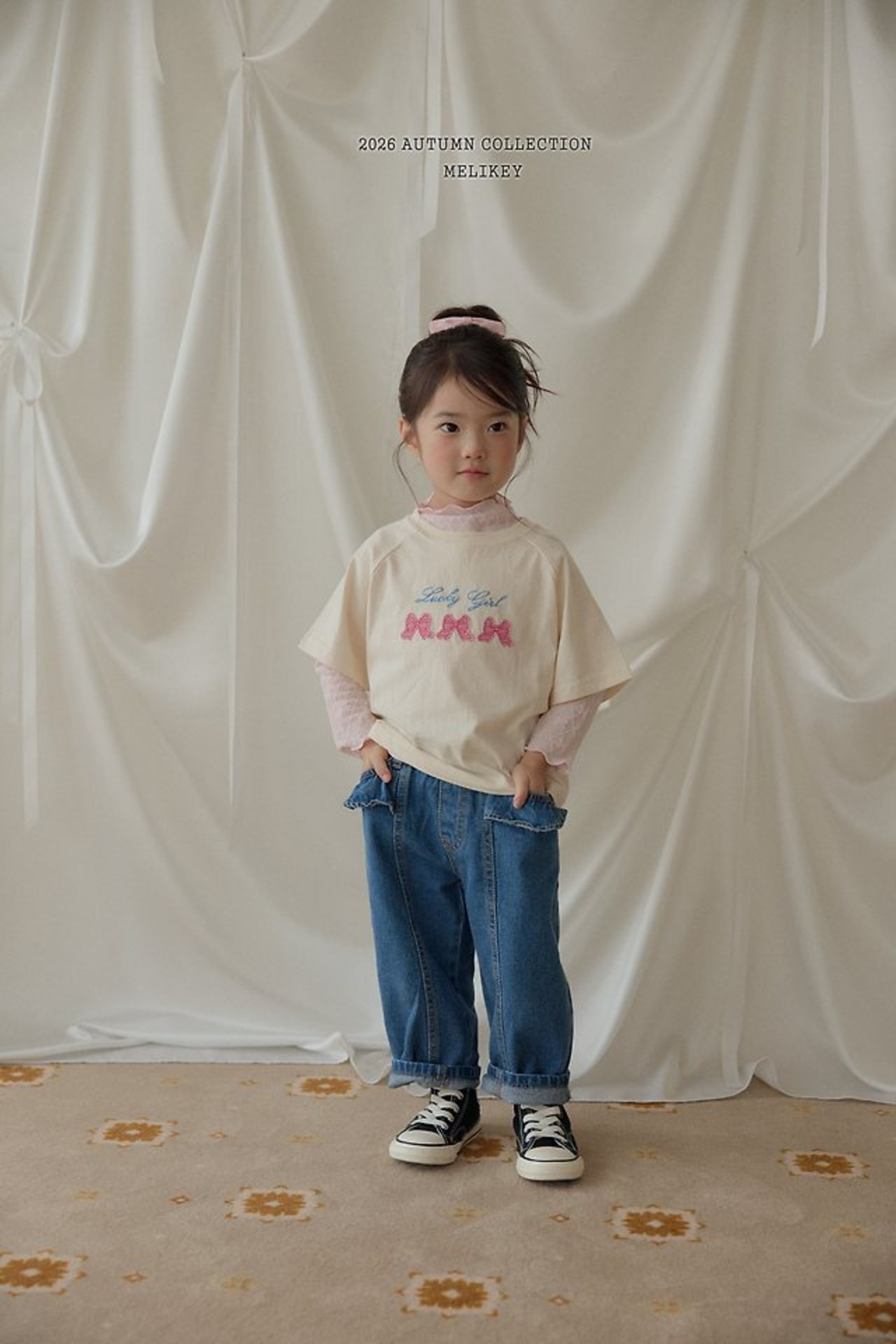 韓国子供服 / 26Autumn / 〖取寄〗Melikey / フリル切替デニムパンツ / 女子服 *XS~JM*