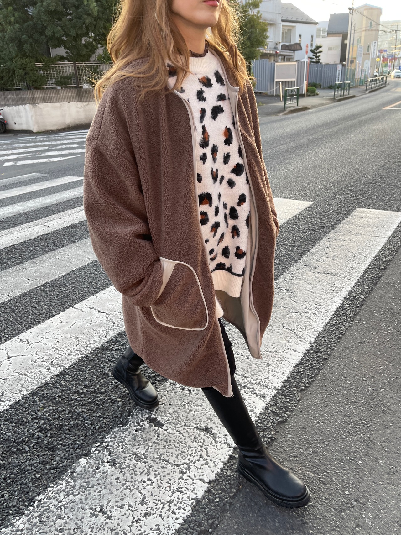 2way多機能ソフトリバーシブルボアouterlongホワイト×ブラウン