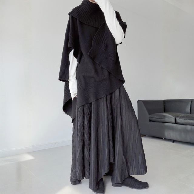 Asymmetric rib neck knit poncho【2color】 C1505