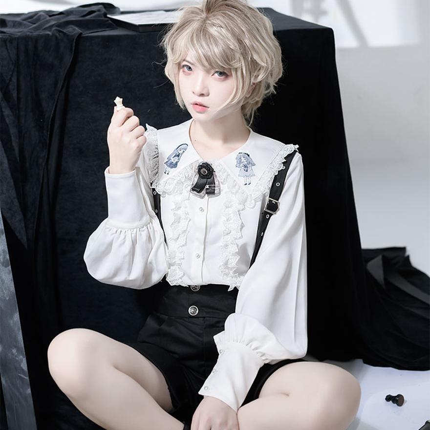 皇子系ロリィタ 白 フリル ブラウス2枚＆ショートパンツ＆アクセサリー 王子系ロリィタ ハーフパンツ ダーク ユニセックス 舞台向け｜WithU