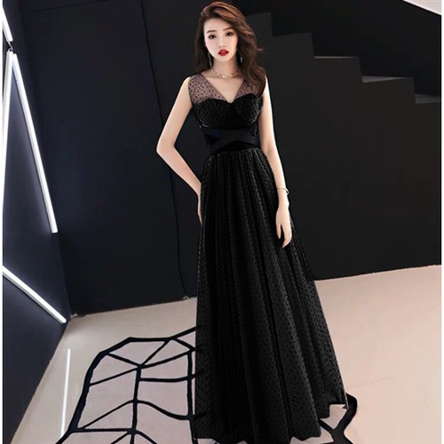 演奏会ドレス ロングドレス 大きいサイズ XL エレガント スリムフィット Vネック ドット イブニングドレス お呼ばれ パーティードレス シースルー ウエストリボン Aラインスカート フレア