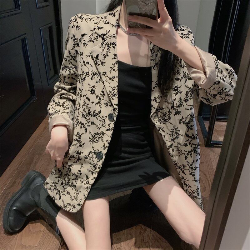 プリントレトロドレープスモールスーツレディース秋のルーズスタイルスーツ2020新しいスモールマンジャケットジャケット ブラックストロベリース23784693854