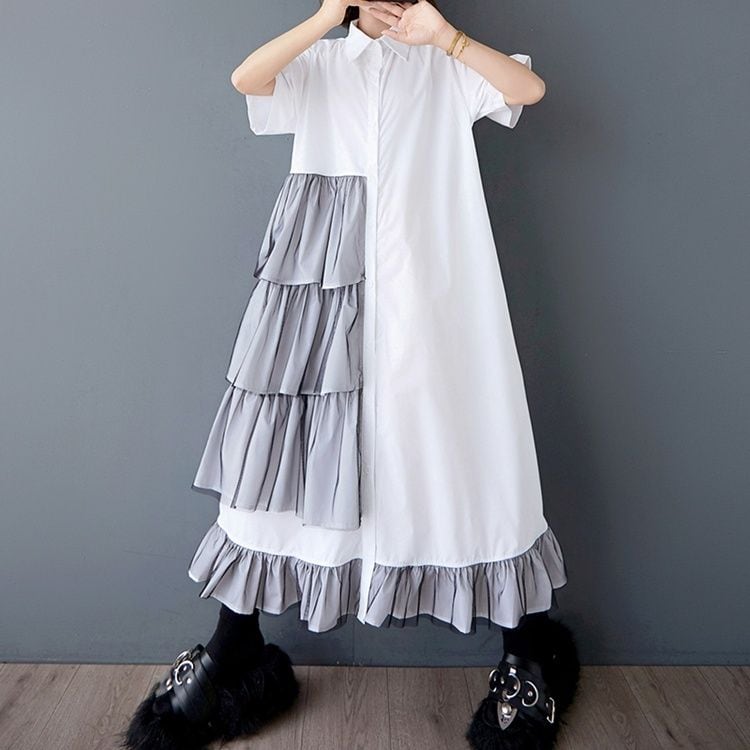 ASYMMETRIC FRILLED HALF SLEEVES A-LINE MIDI SHIRT DRESS 2colors M