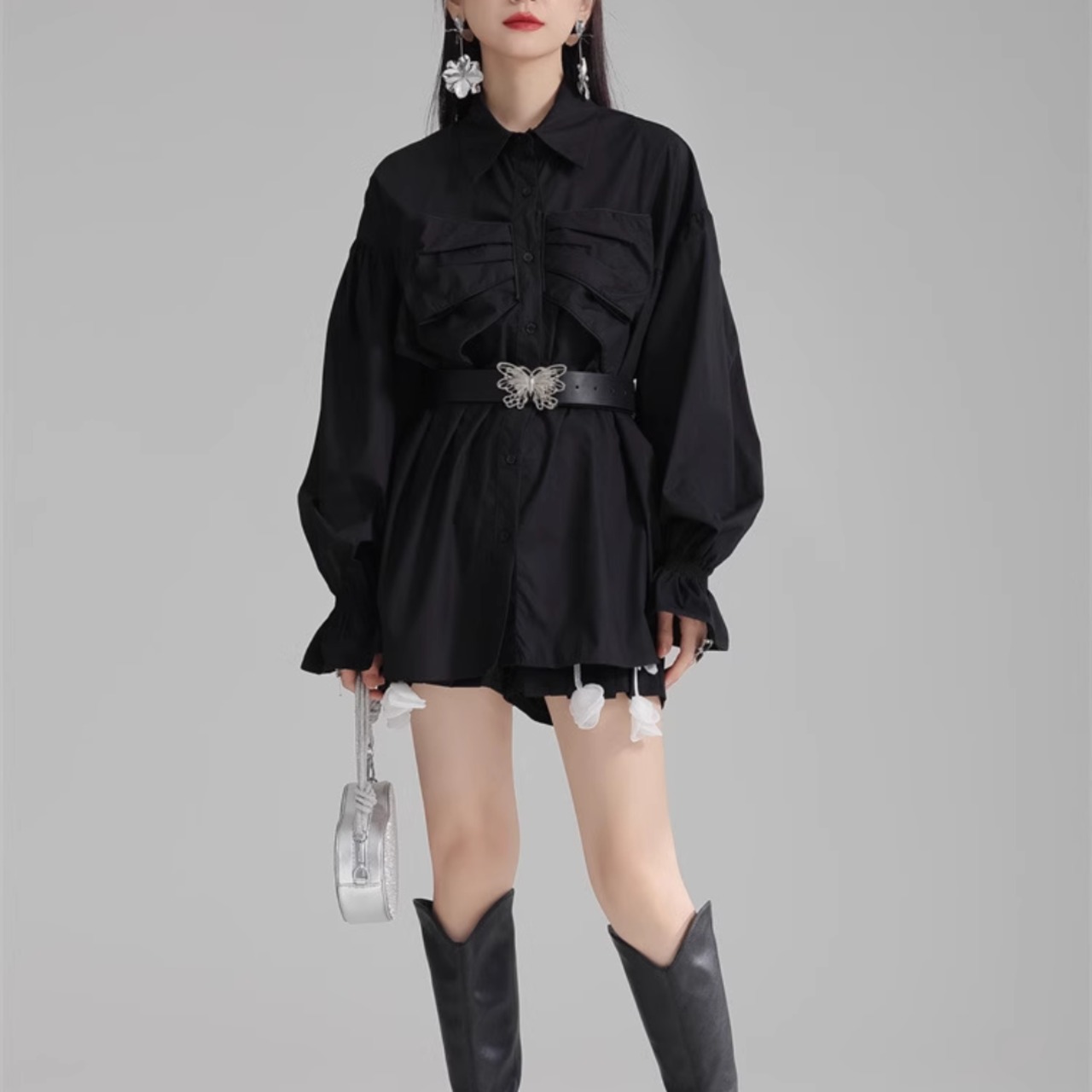 Bowtie flared sleeve midi shirt (ME110)