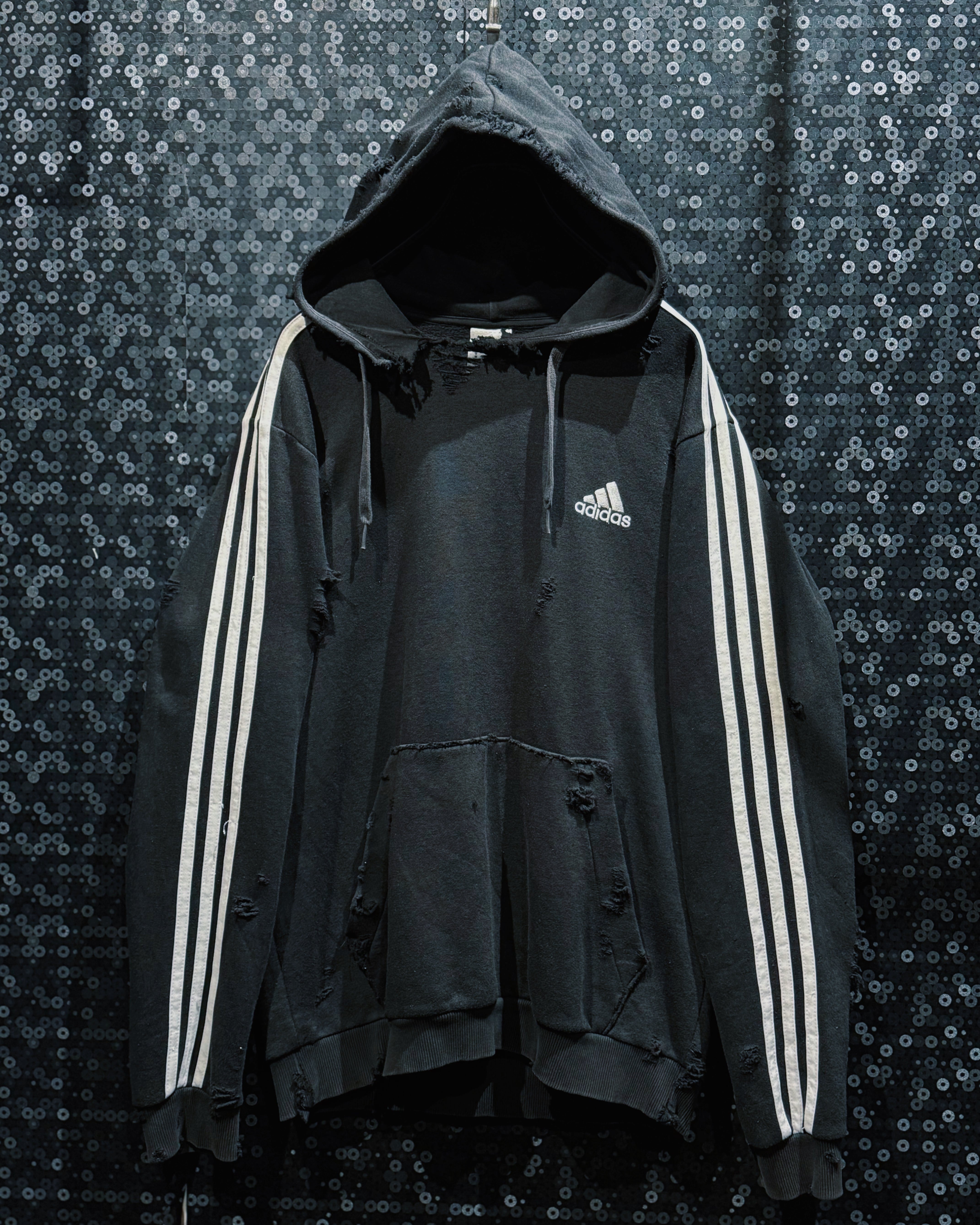【ÆIEM】original “boro” remake adidas three stripe black hoodie pullover