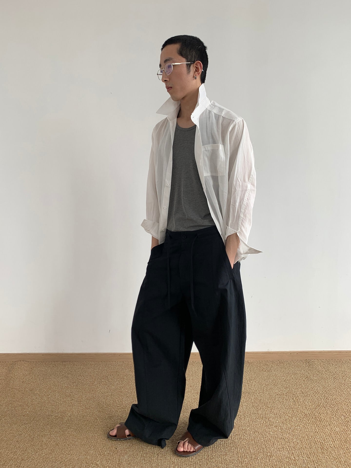韓国系 ワイドスラックス メンズ リネン混パンツ 春夏 ゆるシルエット