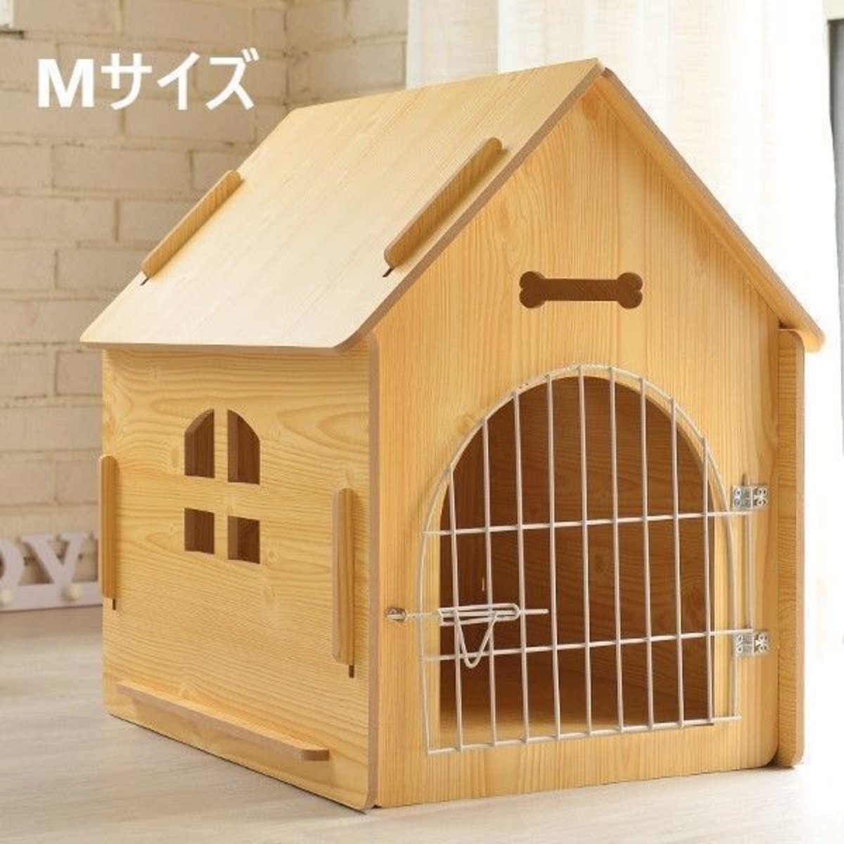Mサイズ】ペットハウス 木製 ドア付き 安全 窓付き 通気性 屋根付き 