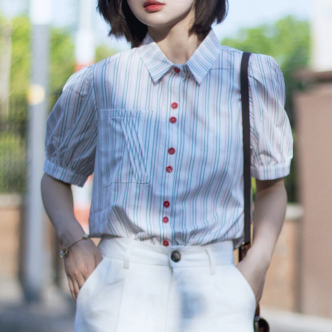 ストライプ アクセントボタン 半袖パフスリーブシャツ 00372