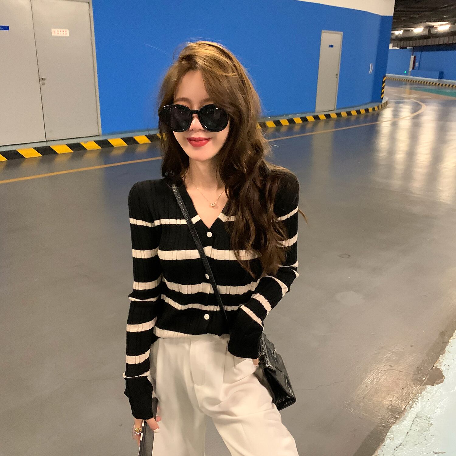 Vネックニットセーター トップス オータムスタイルストライプカーディガン ロング 秋物 6Du_Shop_Women25964677430