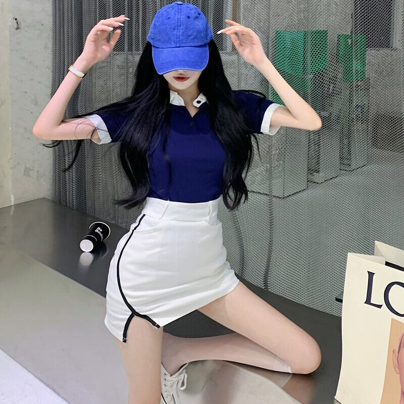 スタンダードカラー半袖スリーブTシャツ ウェストスカート サマー ショート レトロ ハーフスリーブ 夏物 ガールズファッション8866302020