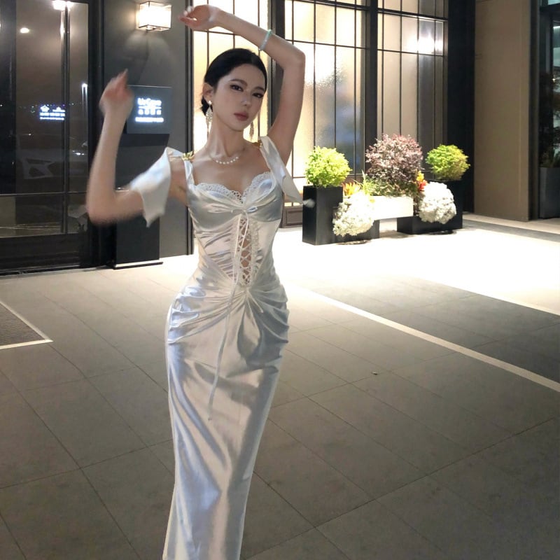 ロングドレス キャバドレス セクシー フレンチ サテン バックレス ロングドレス キャバドレス セクシー フレンチ サテン バックレス