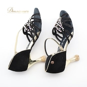 社交ダンス 衣装 ラテン シューズ 23cm ブラック系 Ads 靴 くつ ヒール レディース ラインストーン ストラップ 黒 金 キラキラ 上品 練習 レッスン イベント ステージ かわいい ダンス衣装 ゴールド系