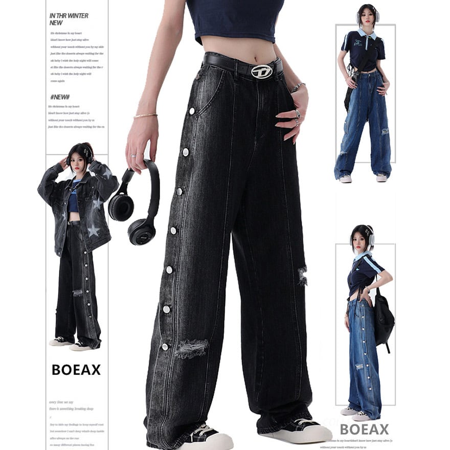 ゴスロリ通販 With U ファッション デニムパンツ ジーンズ ストレート サイドボタン ストリート系 原宿系 病み可愛い 地雷系 量産型