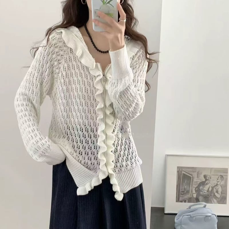 【outer】フリル付きニットカーディガン Q8240