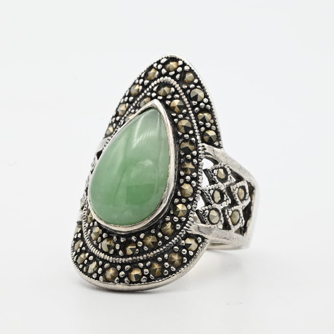 Jade / Marcasite Accent Huge Tear-drop Design Ring #19.0 / Denmark
