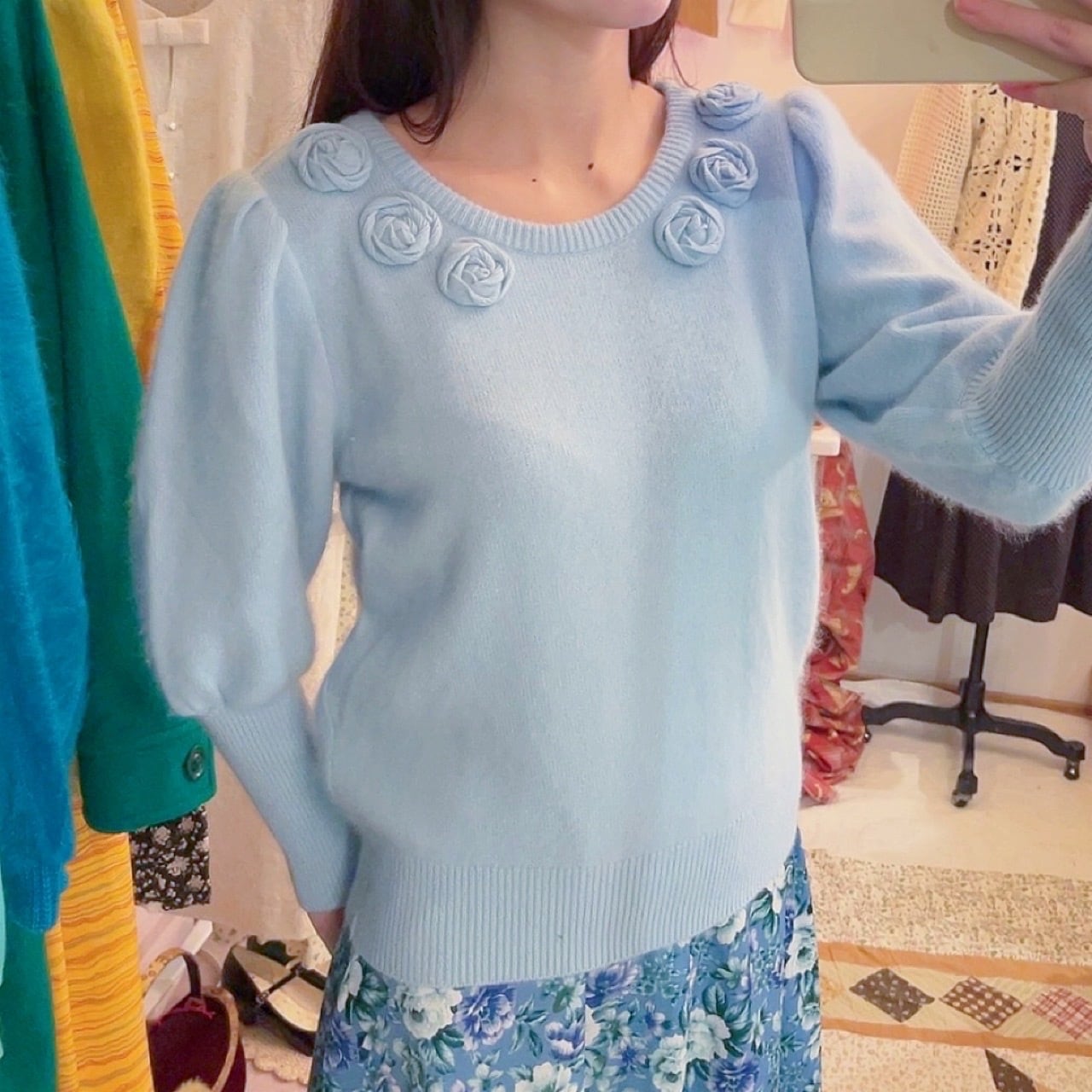 light blue rose knit sweater
