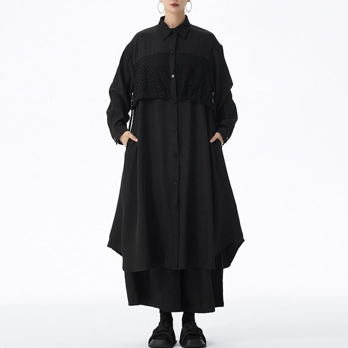 BLACK MESH STITCH A-LINE MIDI SHIRT DRESS 2colors M-15134