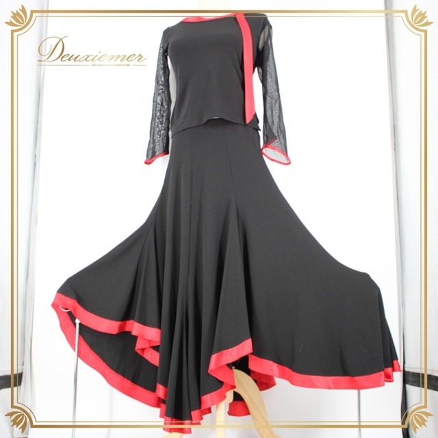 社交ダンス 衣装 スタンダード 上下セット ツーピース パーティ衣装 オールシーズン 黒 赤 Create-Sun クリエイトサン ブラック系 レッド系 大きく広がる裾 伸縮性 ポリエステル ウエストゴム仕様 ツーピースダンス衣装 おしゃれ かわいい ダンスパフォーマンス コスチューム アクティブウェア 女性用 フルスカート パーティーパフォーマンス