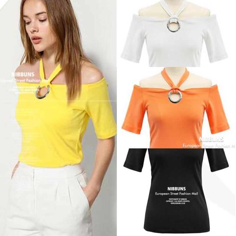 フロントリング ホルターネック オフショルダー トップス