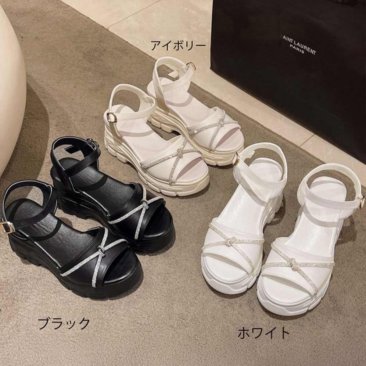 厚底 サンダル オープントゥ レディース 春夏 韓国 サマーサンダル きれいめ 大人 かわいい おしゃれ リボン ラインストーン キラキラ 歩きやすい 疲れにくい アンクルストラップ 美脚 脚長 大人可愛い 大人女子