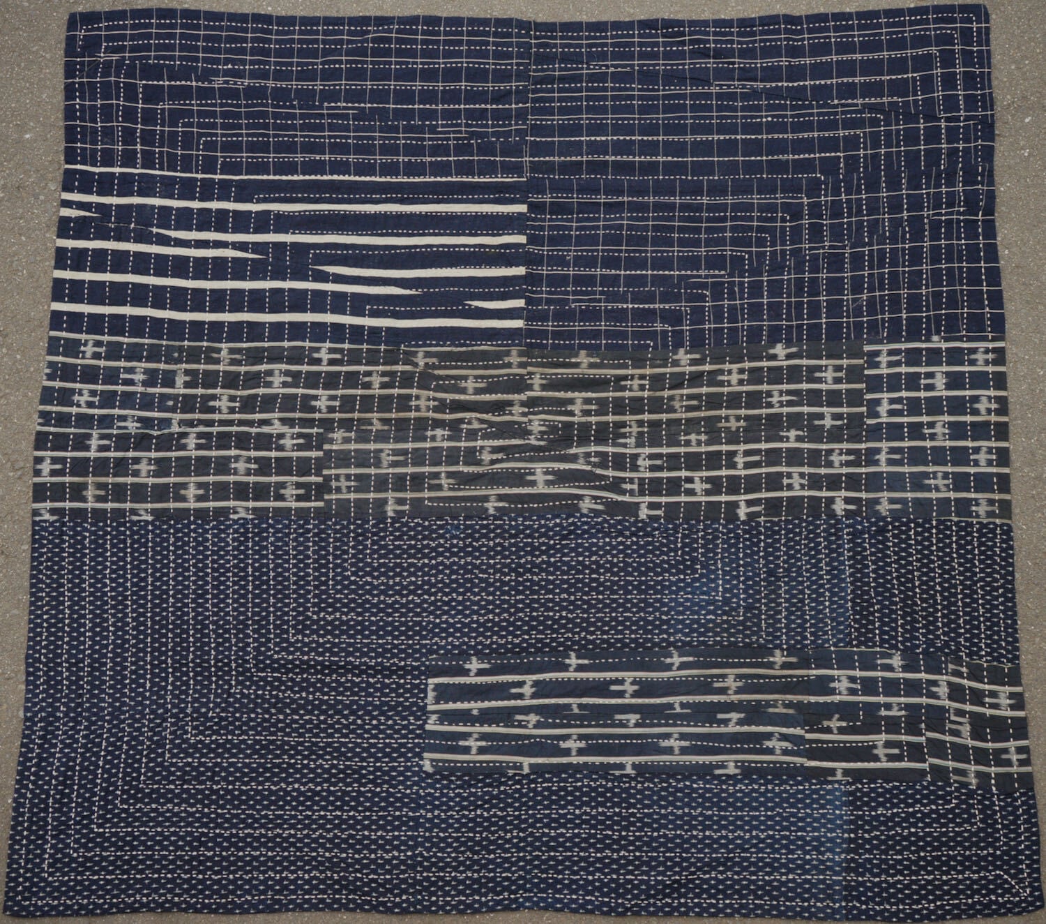 浅葱色の藍染×縞木綿の総刺し子敷物 襤褸 aizome boro sashiko - www