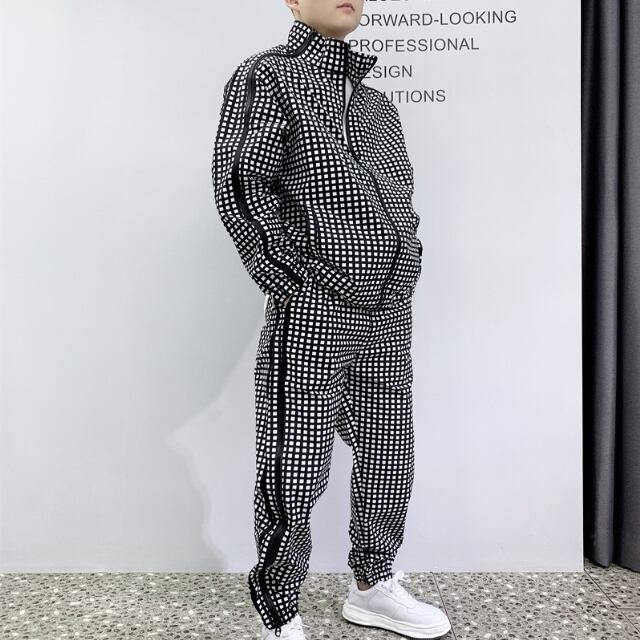 【予約販売】メンズ セットアップ チェック柄 ライン ジップアップ ブラック グリーン ブルー スエット カジュアル モード きれいめ 男前 パンツ セット ジャージ ジム スポーティー ダンス ジム 韓国 トレンド 大きいサイズ M/L/XL/2XL/3XL