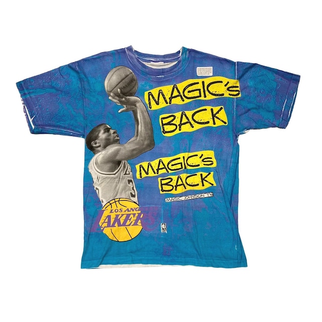 NBA LOS ANGELS LAKERS MAGIC JOHNSON AOP TEE BLUE YELLOW FIT LIKE XL 22.5KH8308