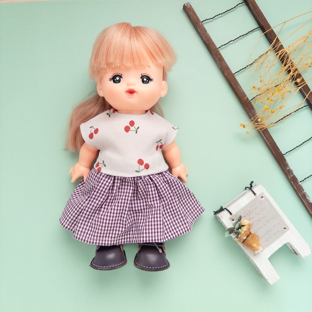 【２点セット】トレーナースカートセット（さくらんぼT紫チェック）メルちゃんソランちゃん