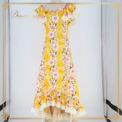 フラダンス 衣装 ワンピース ドレス Royal Creations イエロー系 ハワイ製 アシンメトリー フリル ハイビスカス柄 かわいい 華やか 鮮やか 明るい 元気 ハワイアン アロハ ハワイアンプリント フラ ダンス レッスン 練習 リゾート